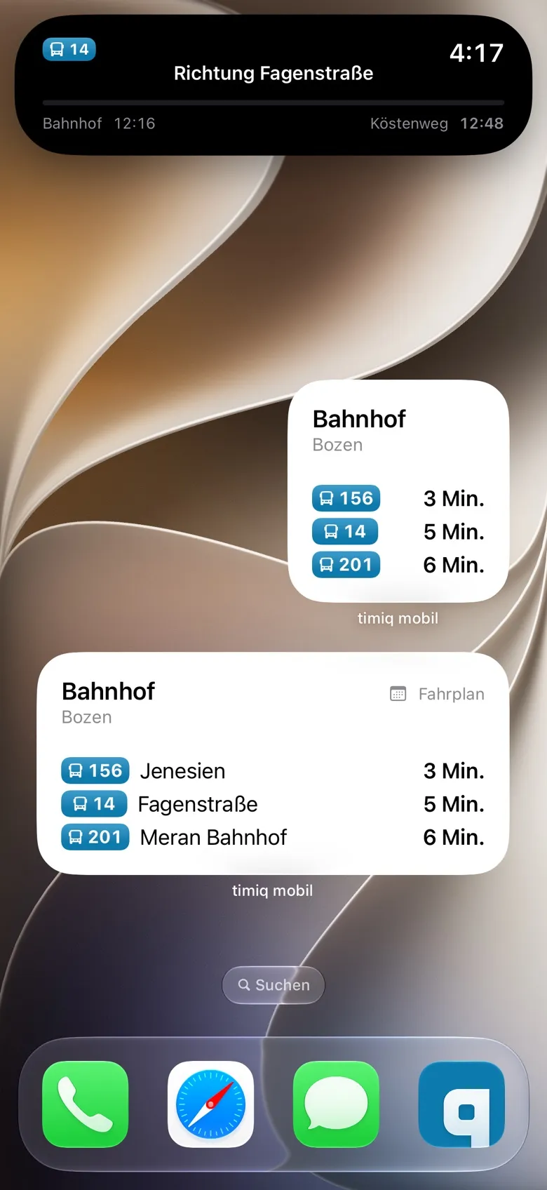 Die Fahrt in der Dynamic Island: Linie 14 Richtung Fagenstraße, Abfahrt in 4 Minuten