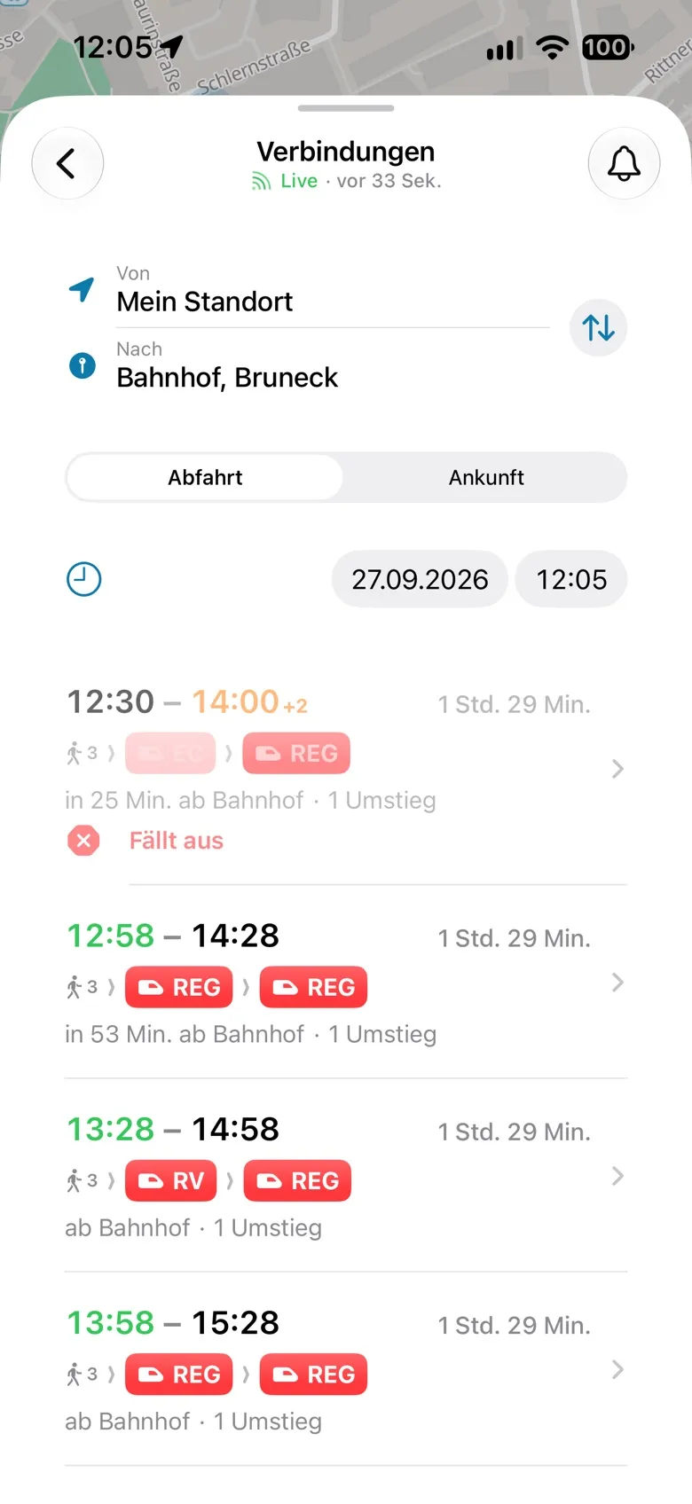 Verbindungen von meinem Standort nach Bruneck, eine davon fällt aus