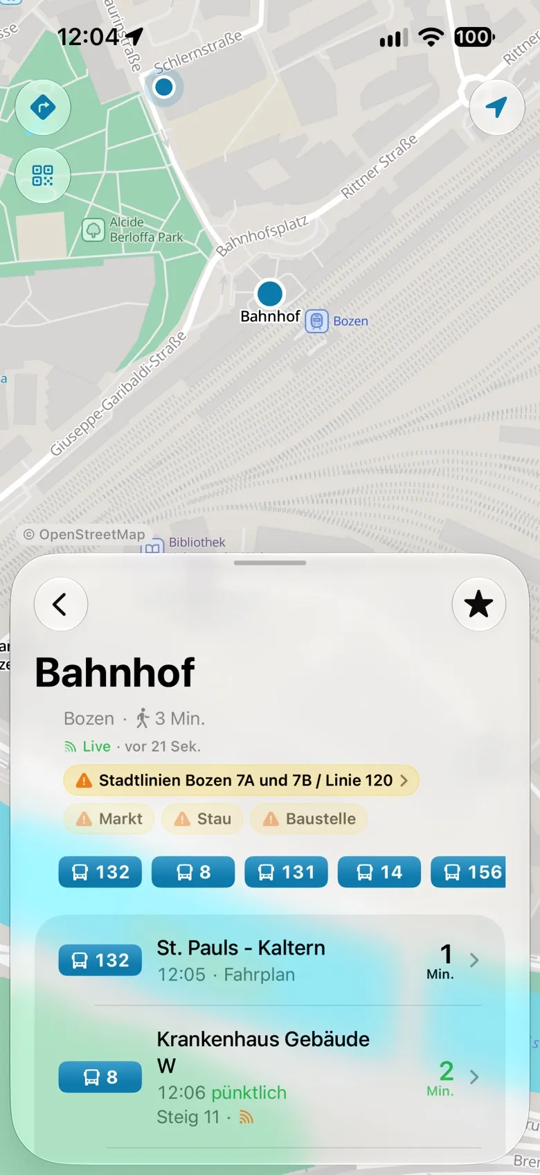 Abfahrten am Bahnhof Bozen mit Meldungen und Linien
