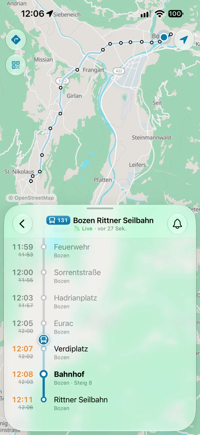 Fahrtverlauf der Linie 131 mit allen Halten